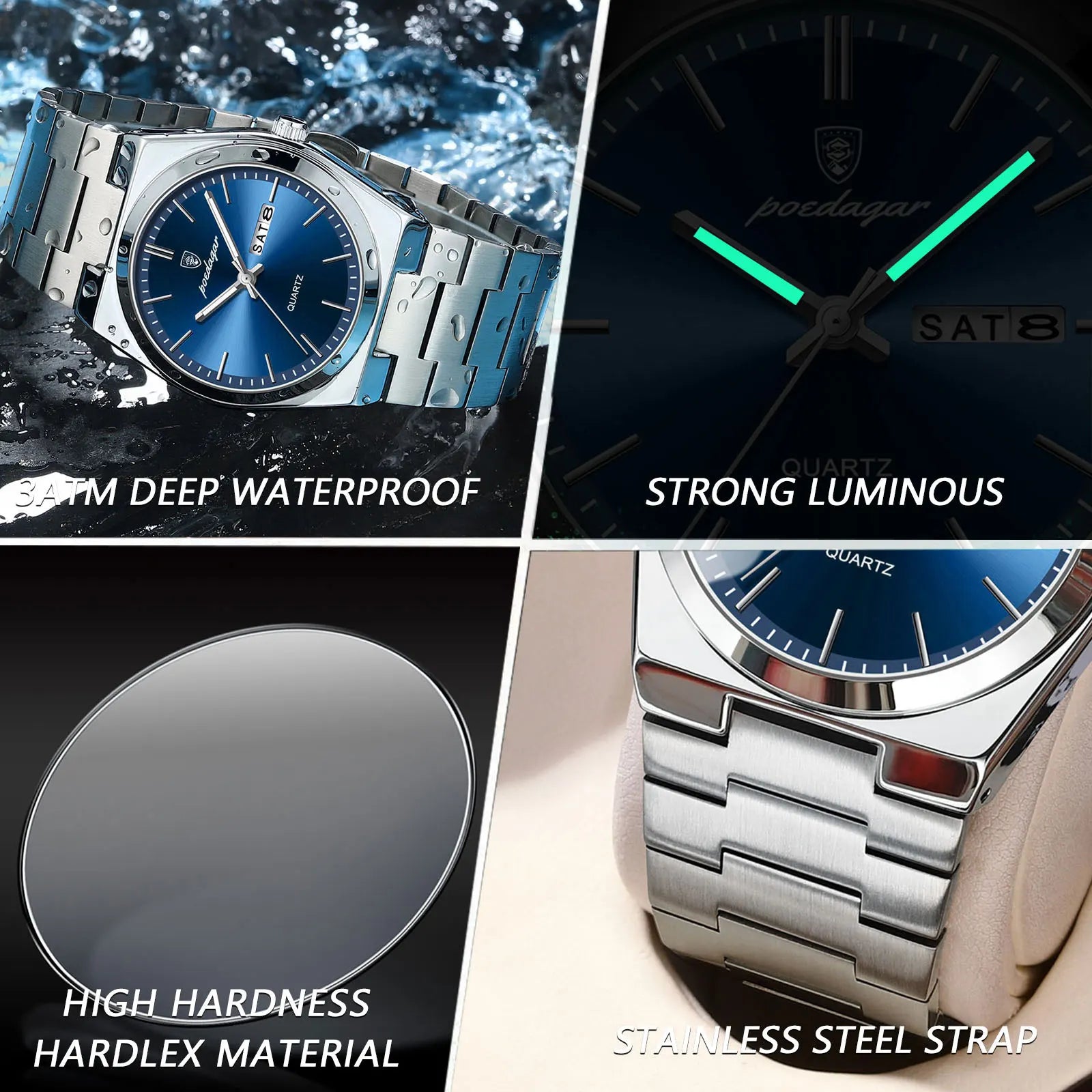 POEDAGAR Luxury Watches For Men Stainless Steel Waterproof Luminous